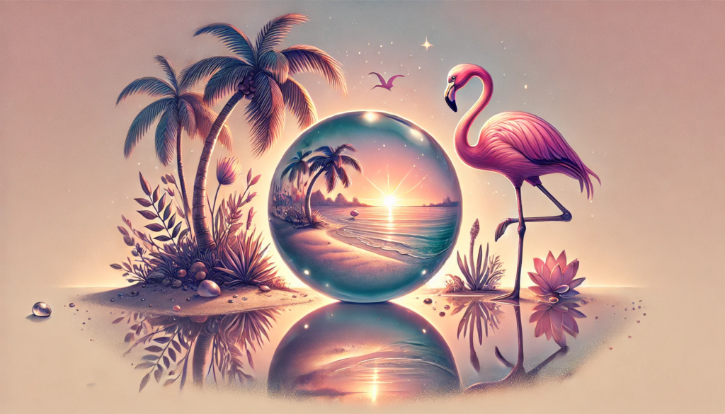 Descriptive: Flamingo, palm tree, and crystal ball.